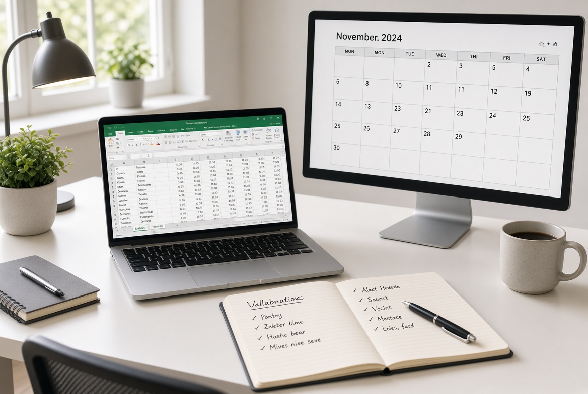 Organised desk with spreadsheet, calendar monitor, and open notebook with task checklists